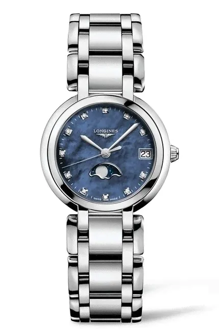 Швейцарские кварцевые часы Longines PrimaLuna L8.115.4.98.6 Quartz на стальном браслете, с водозащитой 3 бара и международной гарантией от производителя